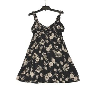 Y2K ANGIE Floral Print Ruffle‎ Strap Mini Dress Black Beige Women's Size S 90s
